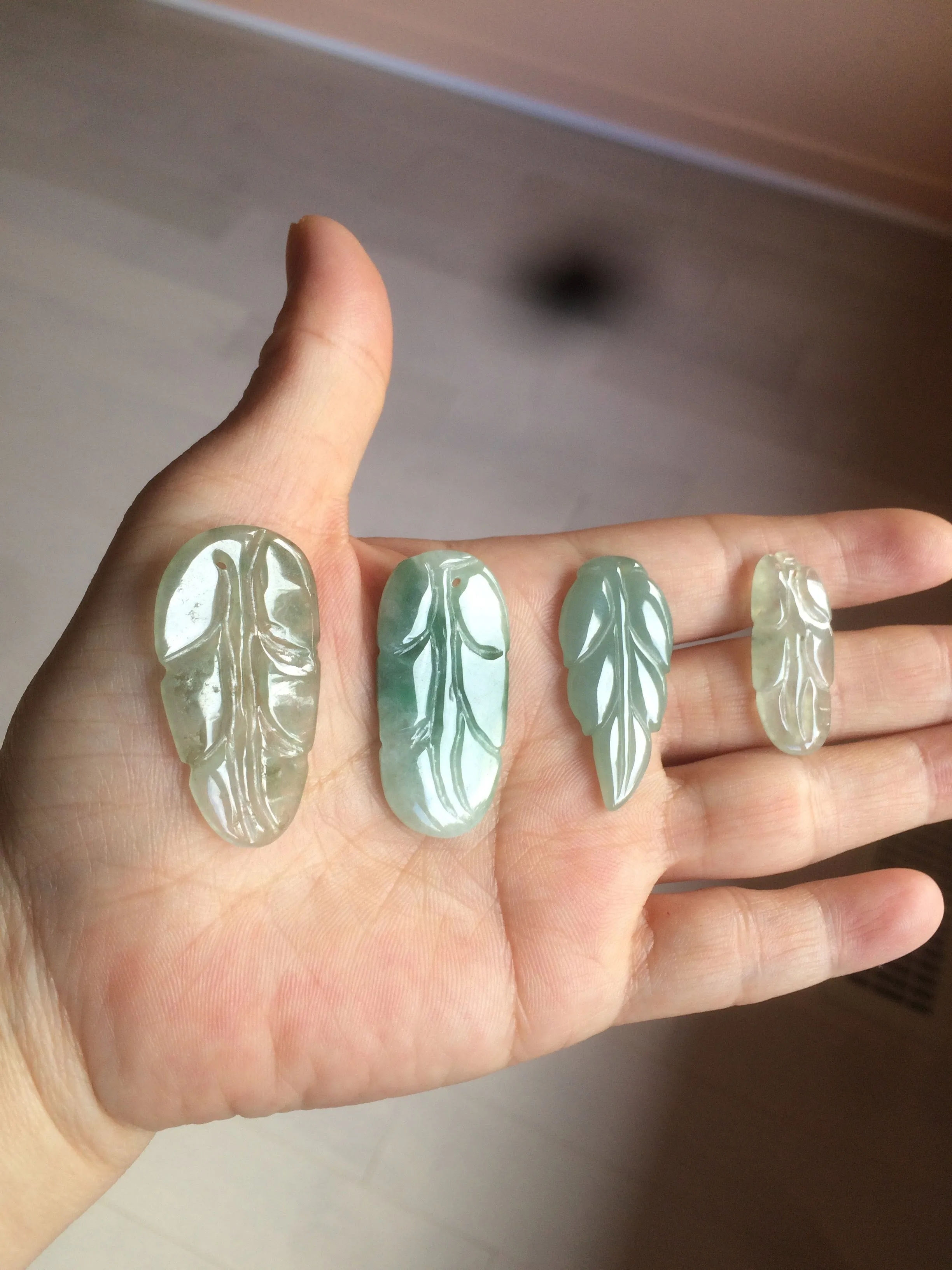 100% natural type A icy watery light green/dark green jadeite jade leaf pendant group AZ100