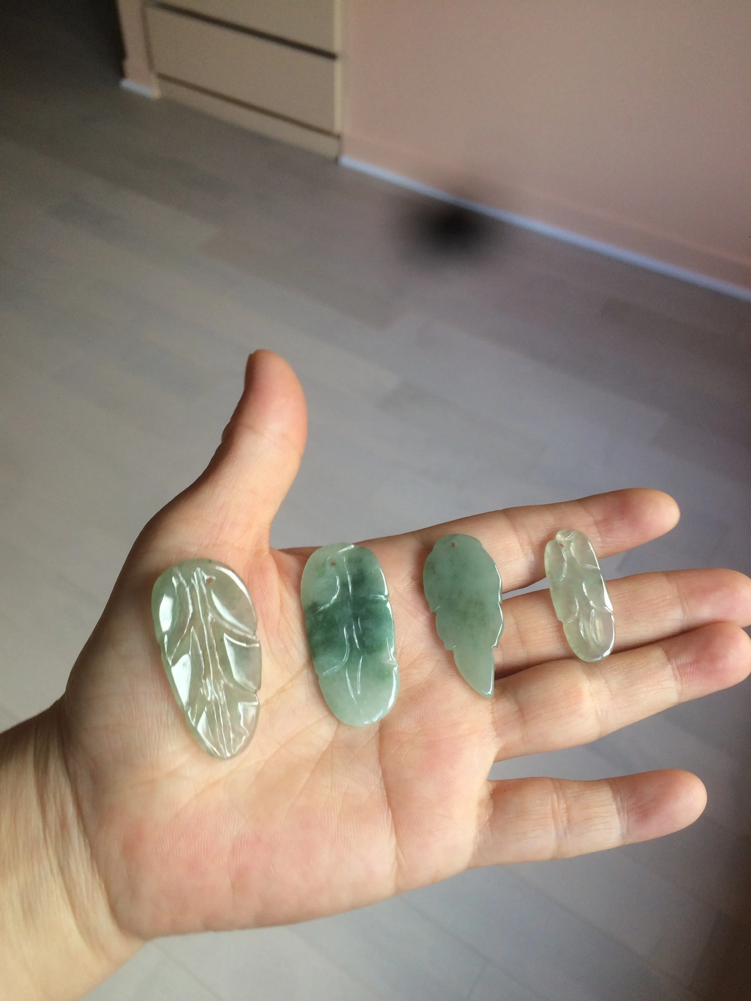 100% natural type A icy watery light green/dark green jadeite jade leaf pendant group AZ100