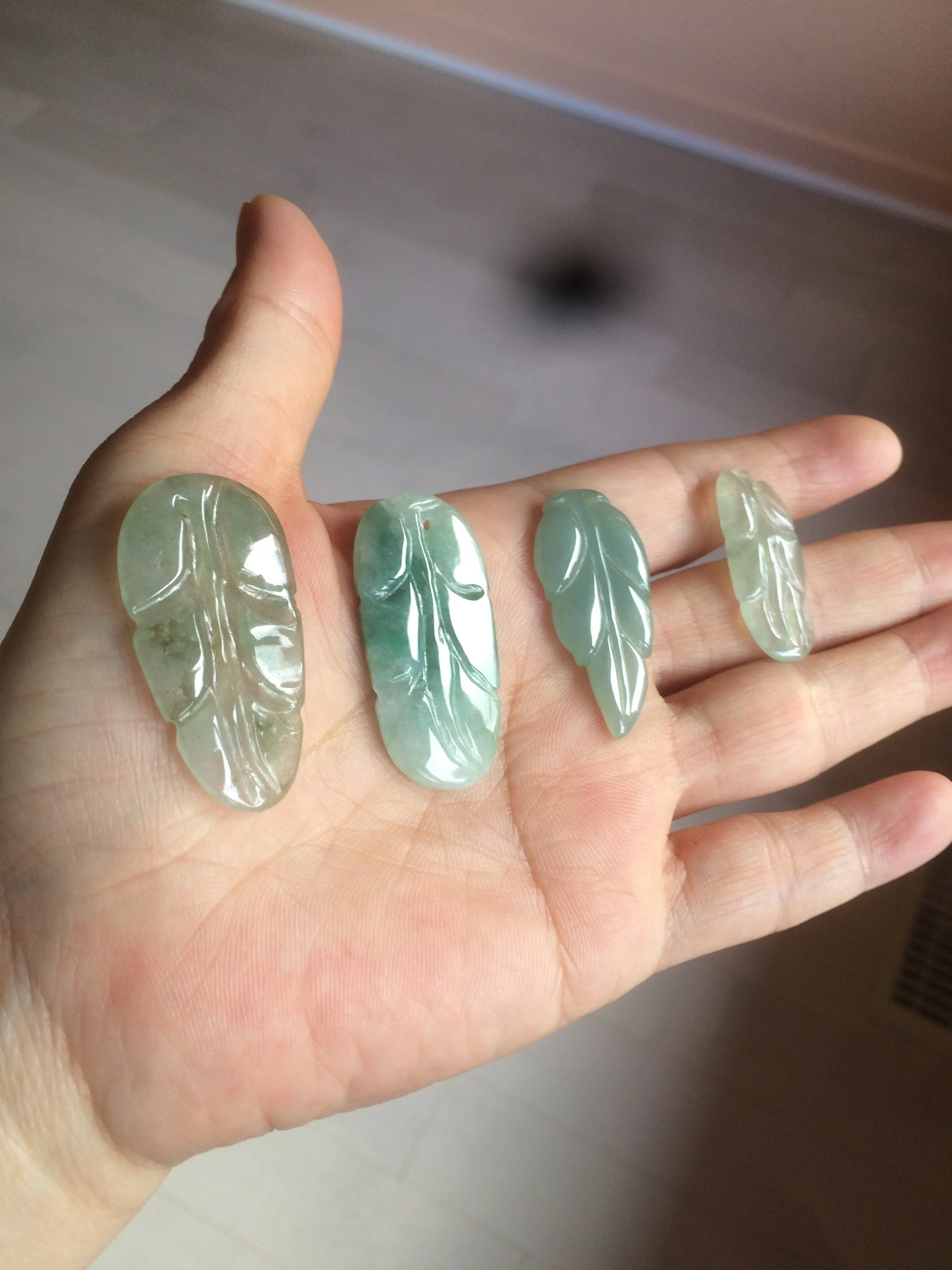 100% natural type A icy watery light green/dark green jadeite jade leaf pendant group AZ100