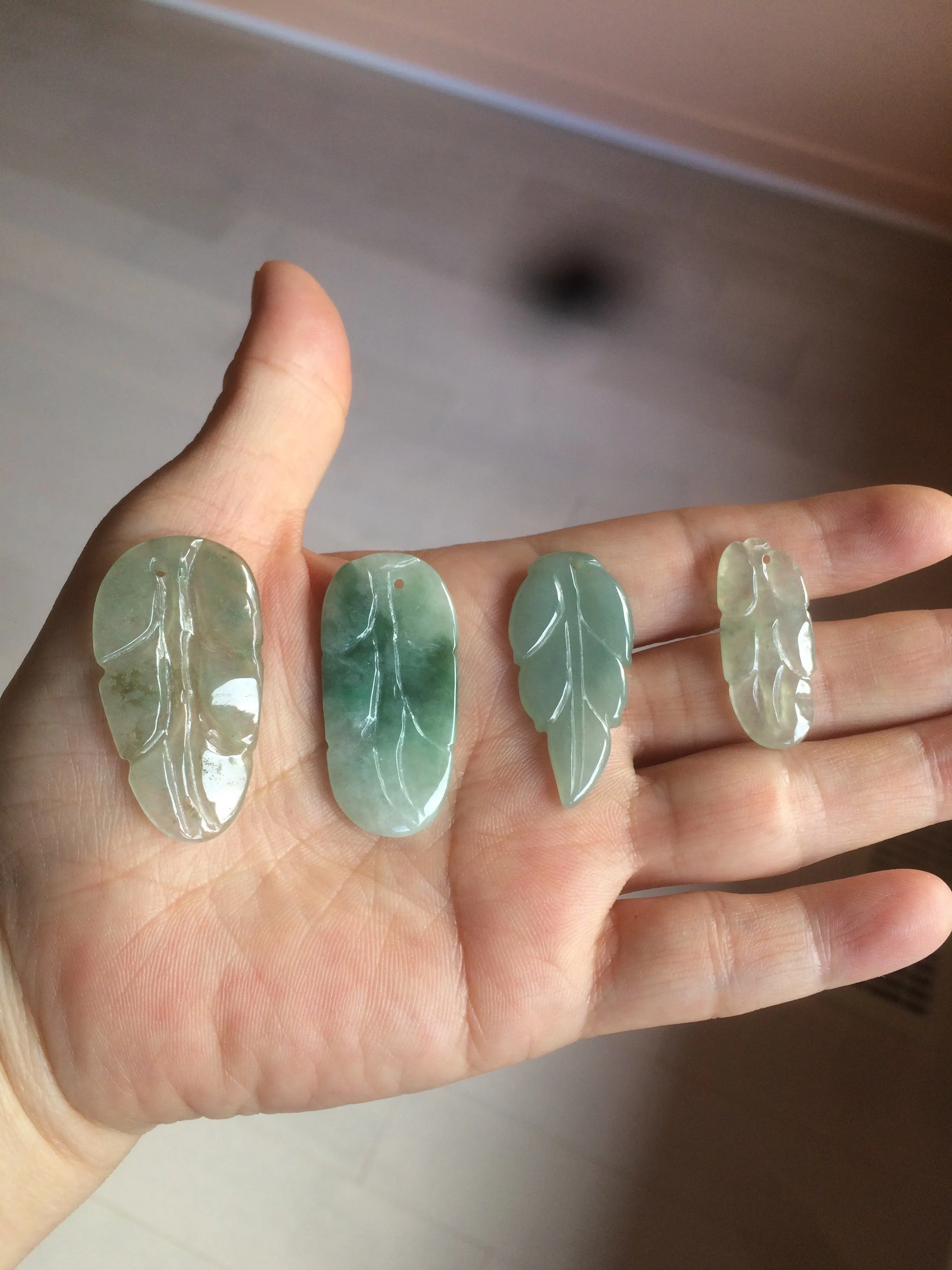 100% natural type A icy watery light green/dark green jadeite jade leaf pendant group AZ100