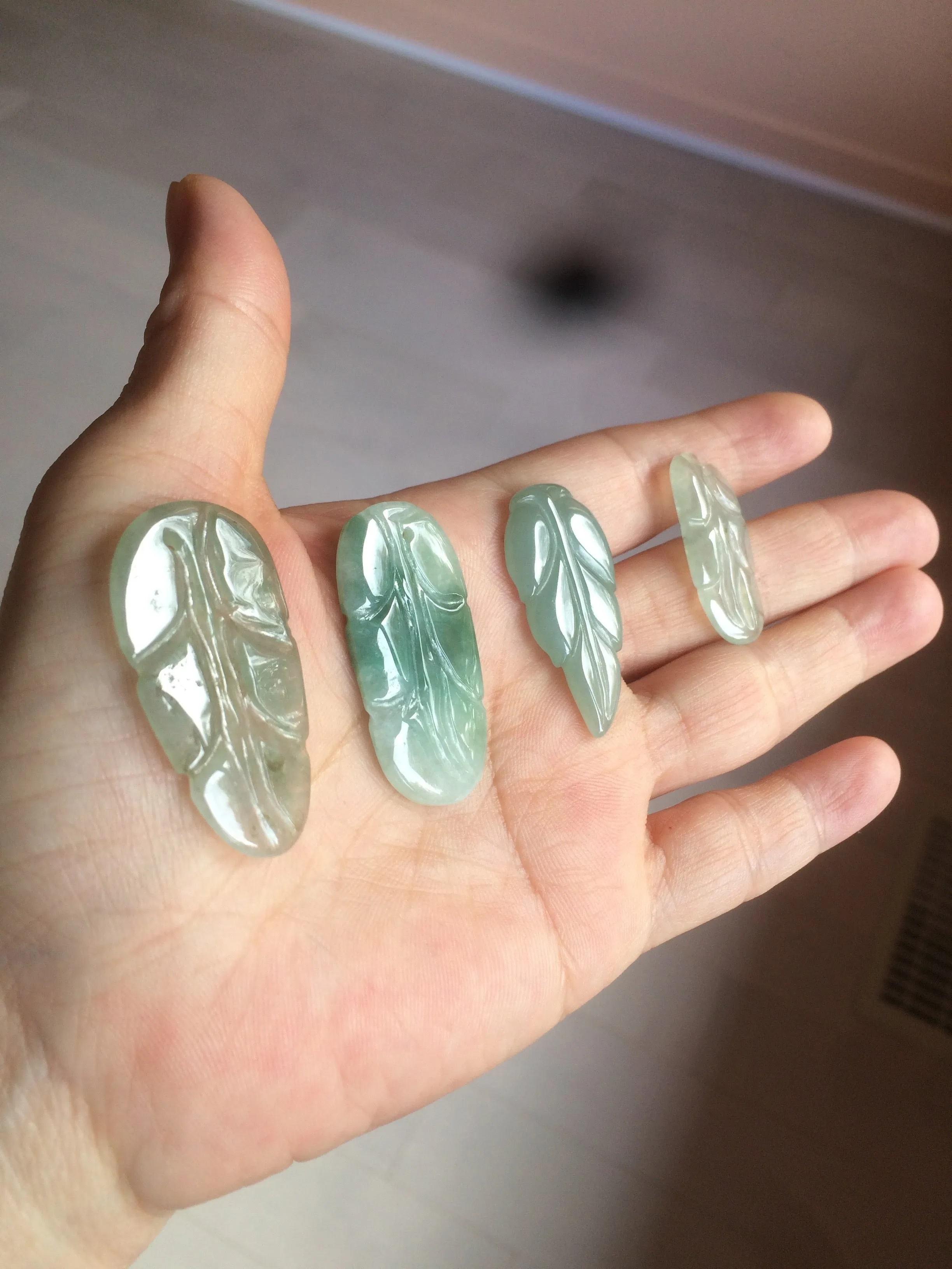 100% natural type A icy watery light green/dark green jadeite jade leaf pendant group AZ100