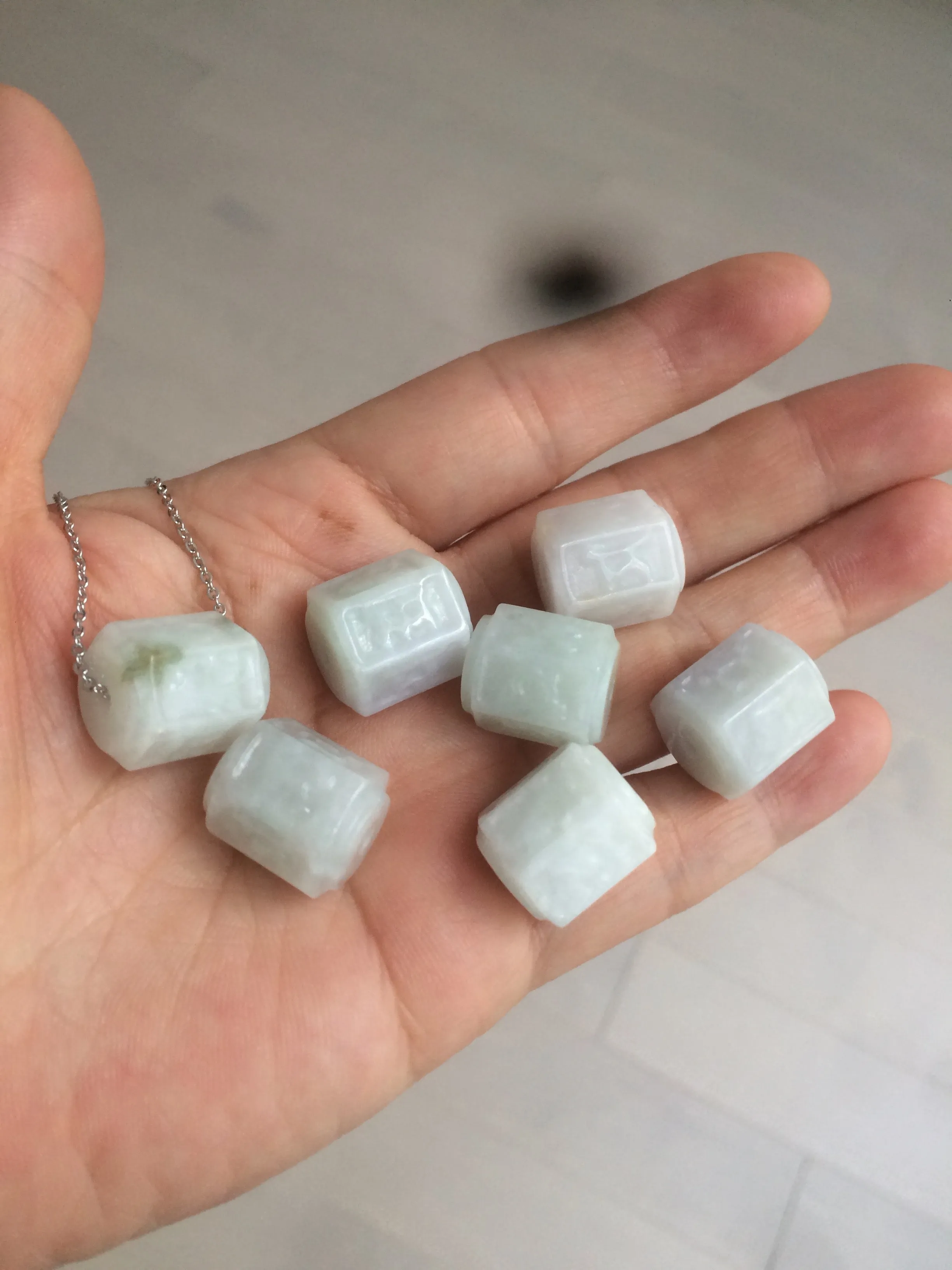 100% natural type A light green/white/purple Buddhist six-character Great Bright Mantra(六字箴言) hexagonal prism jadeite jade bead group W106