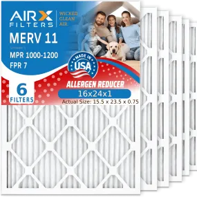 16x24x1 Air Filter MERV 11 Comparable to MPR 1000, MPR 1200 & FPR 7 Electrostatic Pleated Air Conditioner Filter 6 Pack HVAC Premium USA Made 16x24x1 Furnace Filters by AIRX FILTERS WICKED CLEAN AIR.