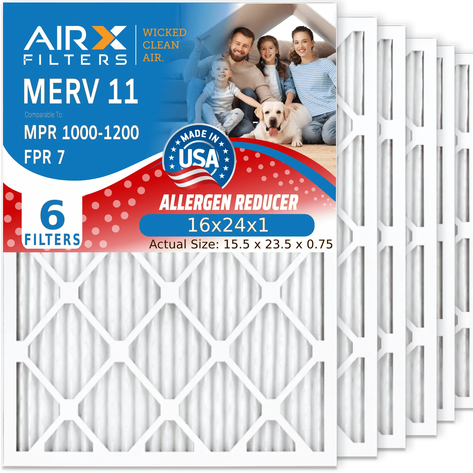 16x24x1 Air Filter MERV 11 Comparable to MPR 1000, MPR 1200 & FPR 7 Electrostatic Pleated Air Conditioner Filter 6 Pack HVAC Premium USA Made 16x24x1 Furnace Filters by AIRX FILTERS WICKED CLEAN AIR.