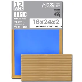 16x24x2 Air Filter Comparable to MPR 100 Basic Economy Furnace Filters, 12 Pack of Non Pleated Fiberglass Filter For Dust - Low Airflow Restriction! From AIRX FILTERS WICKED CLEAN AIR.