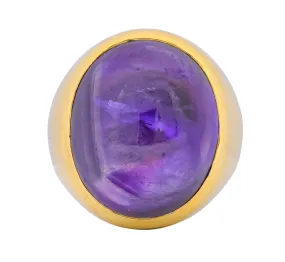 1970's Vintage Amethyst Cabochon 18 Karat Gold Unisex Ring