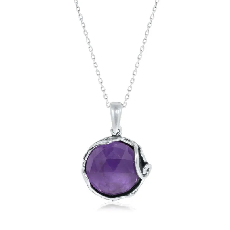 925 Sterling Silver Round Purple Amethyst 14mm Pendant