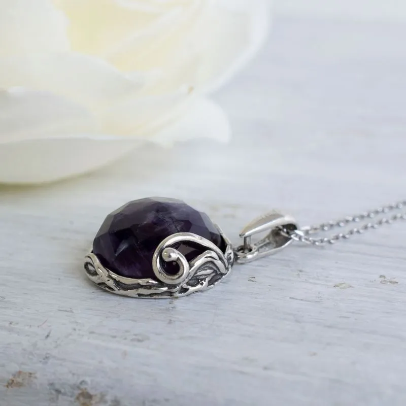 925 Sterling Silver Round Purple Amethyst 14mm Pendant