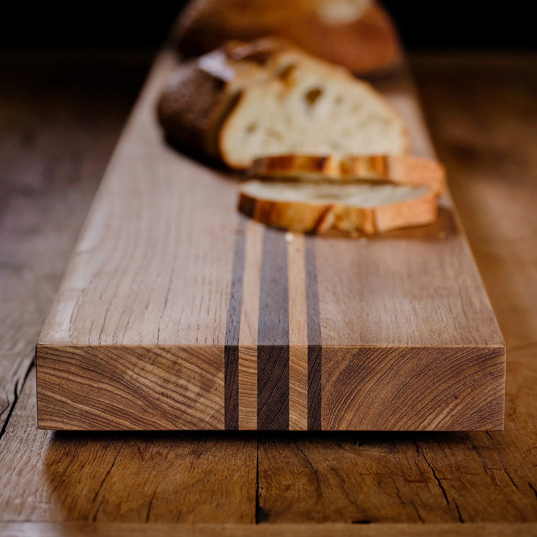 9X50 Teak Serving Board with Triple Stripe - Teak/Natural Finish