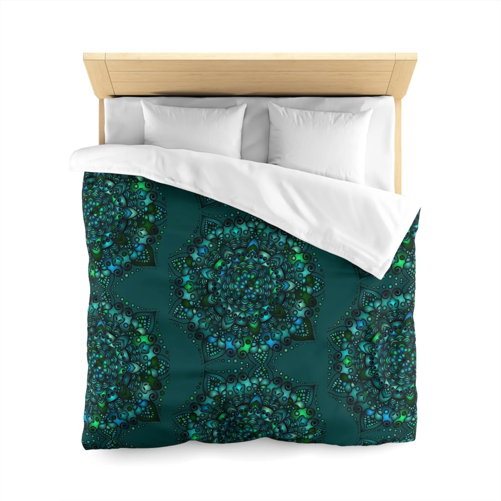 Handmade Mandala Design Microfiber Duvet Cover - Green Mandala on Dark Petroleum Green Background