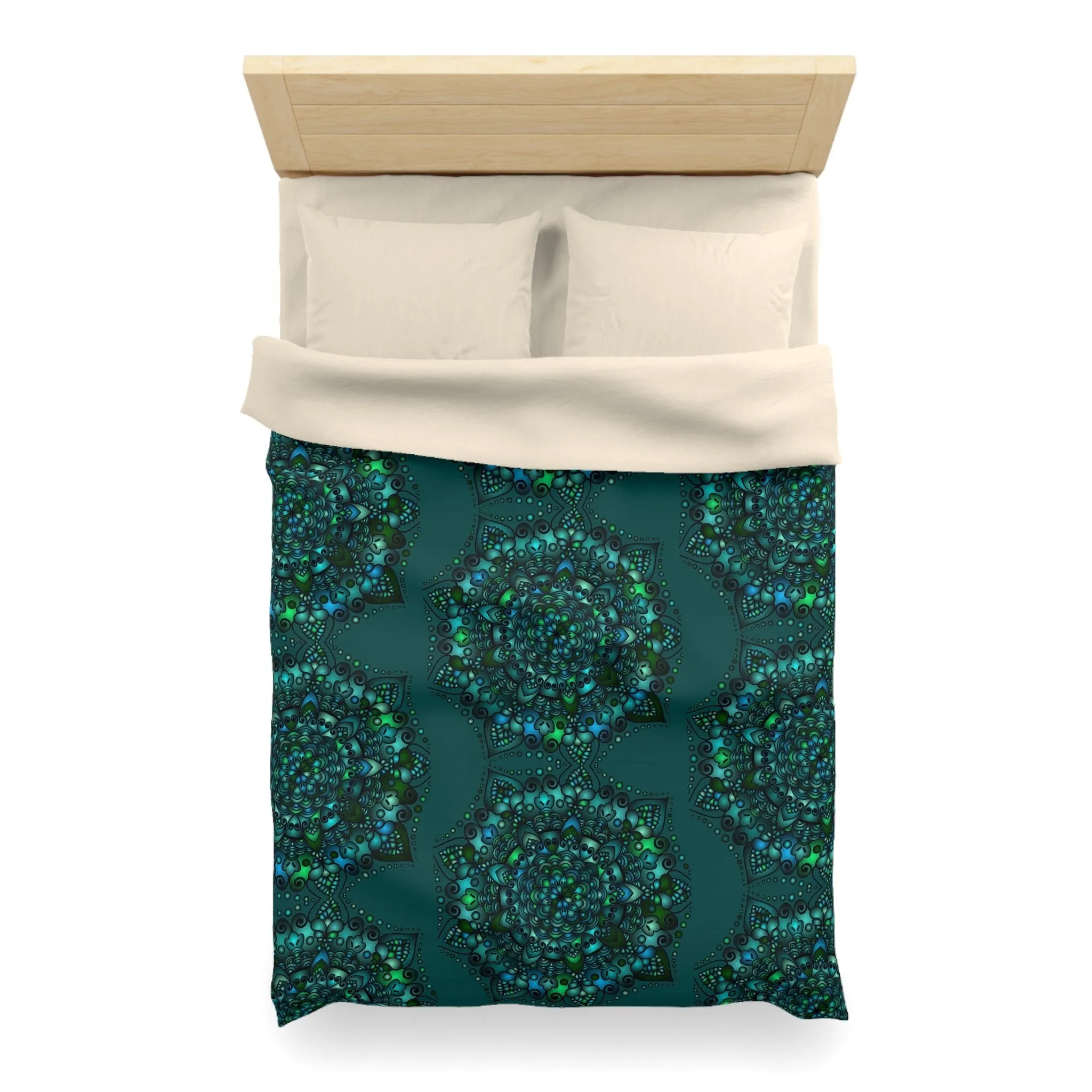 Handmade Mandala Design Microfiber Duvet Cover - Green Mandala on Dark Petroleum Green Background