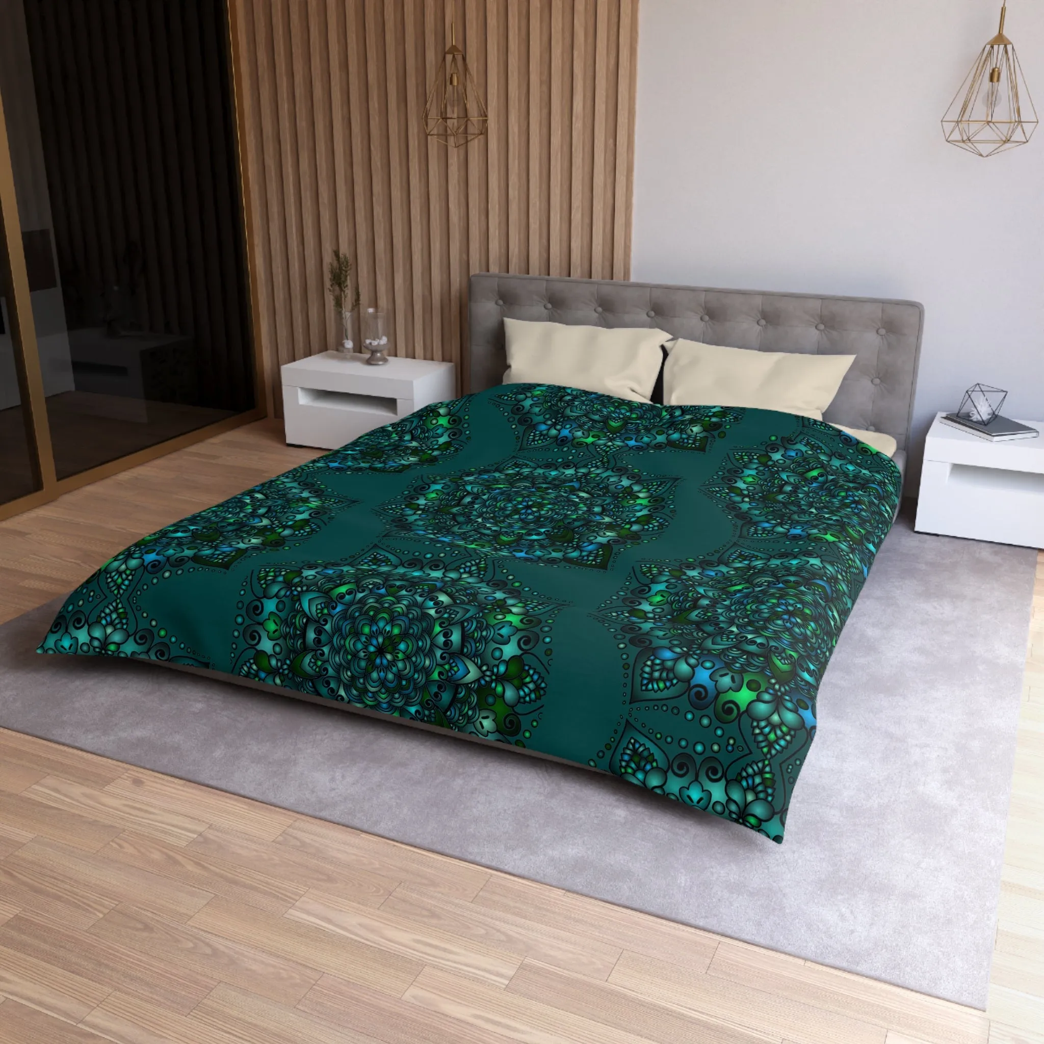 Handmade Mandala Design Microfiber Duvet Cover - Green Mandala on Dark Petroleum Green Background