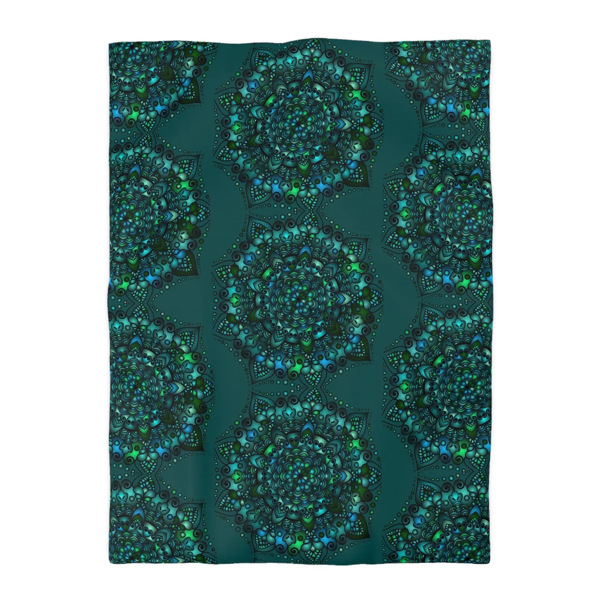 Handmade Mandala Design Microfiber Duvet Cover - Green Mandala on Dark Petroleum Green Background