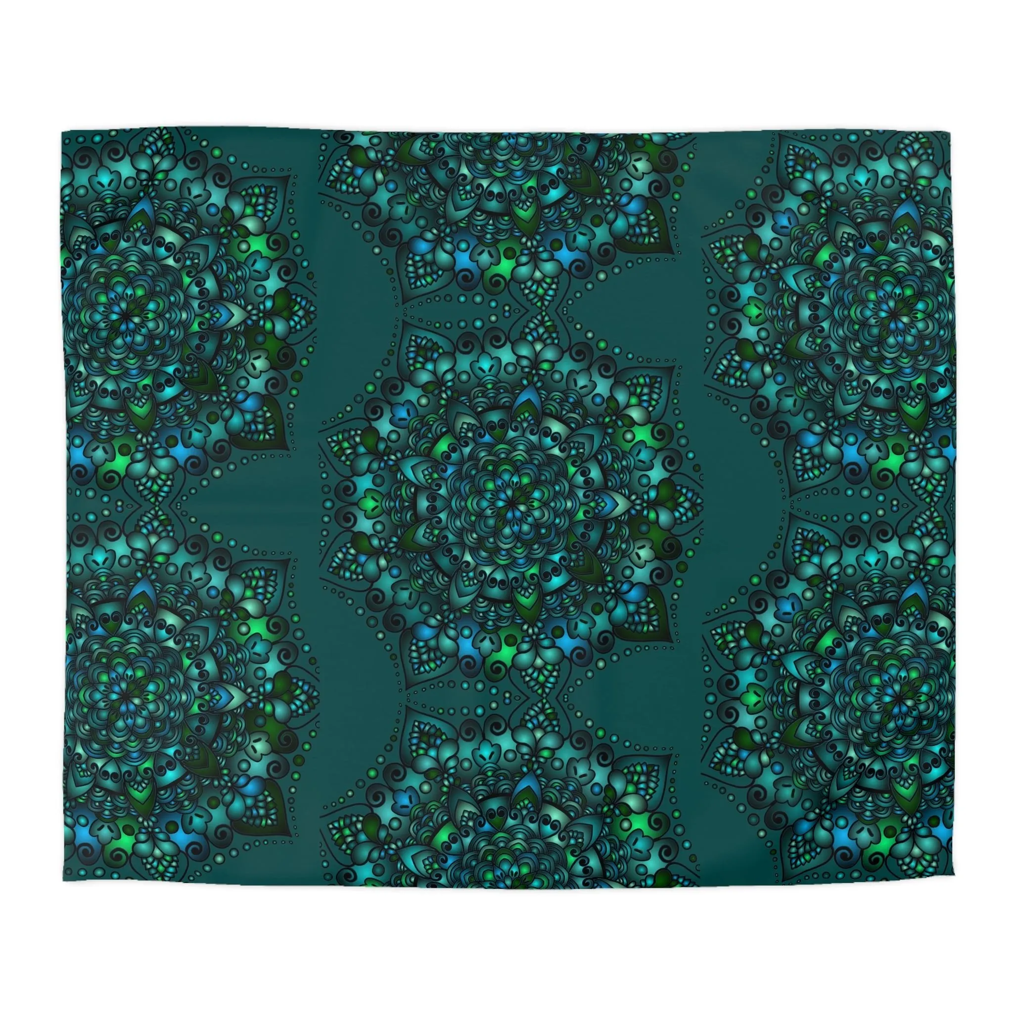 Handmade Mandala Design Microfiber Duvet Cover - Green Mandala on Dark Petroleum Green Background