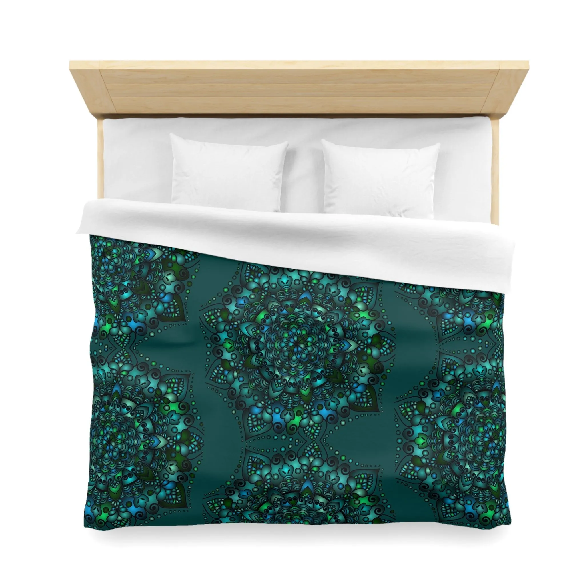 Handmade Mandala Design Microfiber Duvet Cover - Green Mandala on Dark Petroleum Green Background