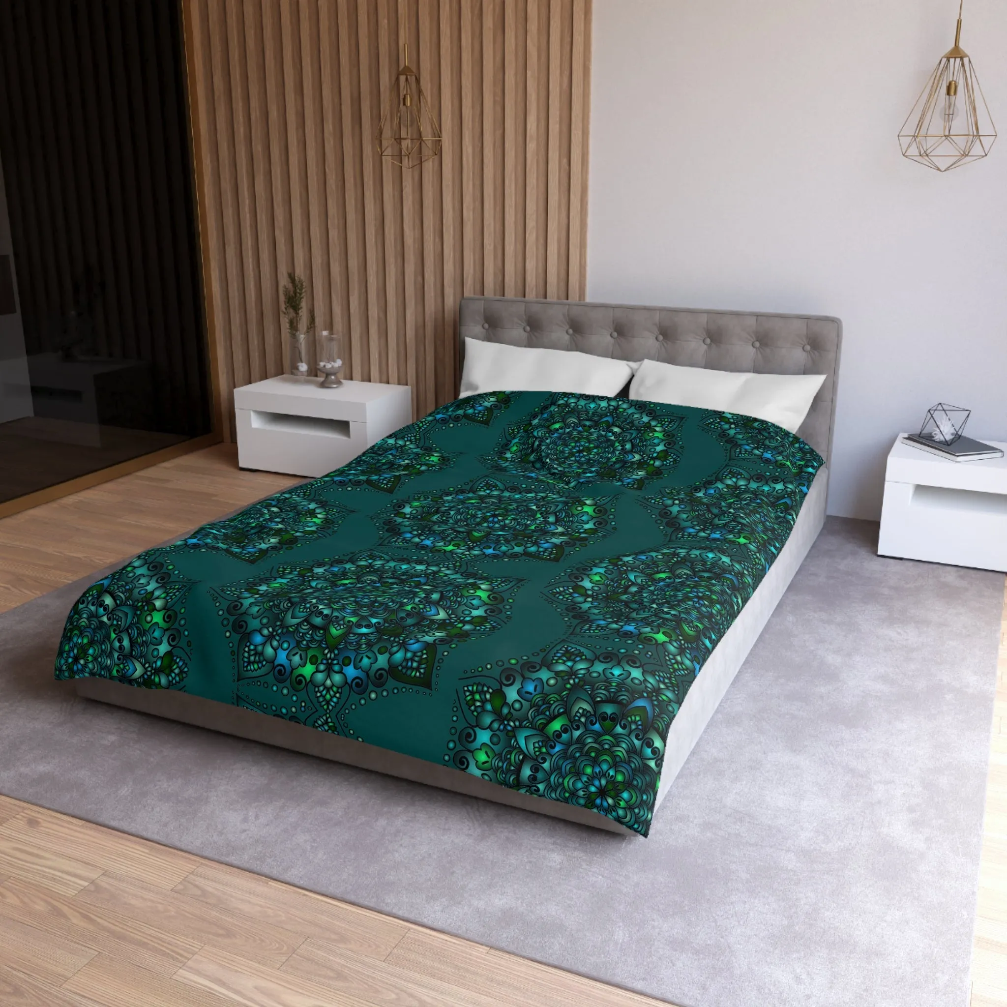 Handmade Mandala Design Microfiber Duvet Cover - Green Mandala on Dark Petroleum Green Background