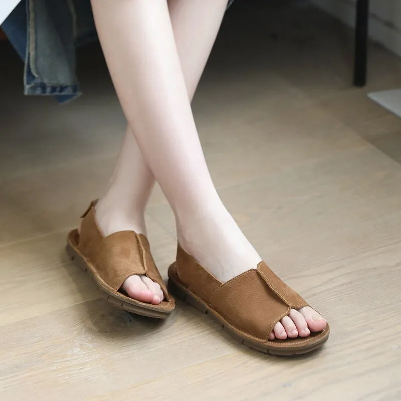 Handmade Retro Leather Slippers for Women PeepToe