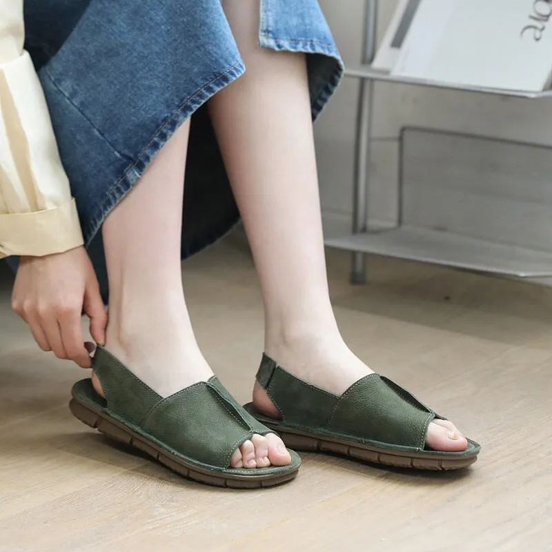 Handmade Retro Leather Slippers for Women PeepToe