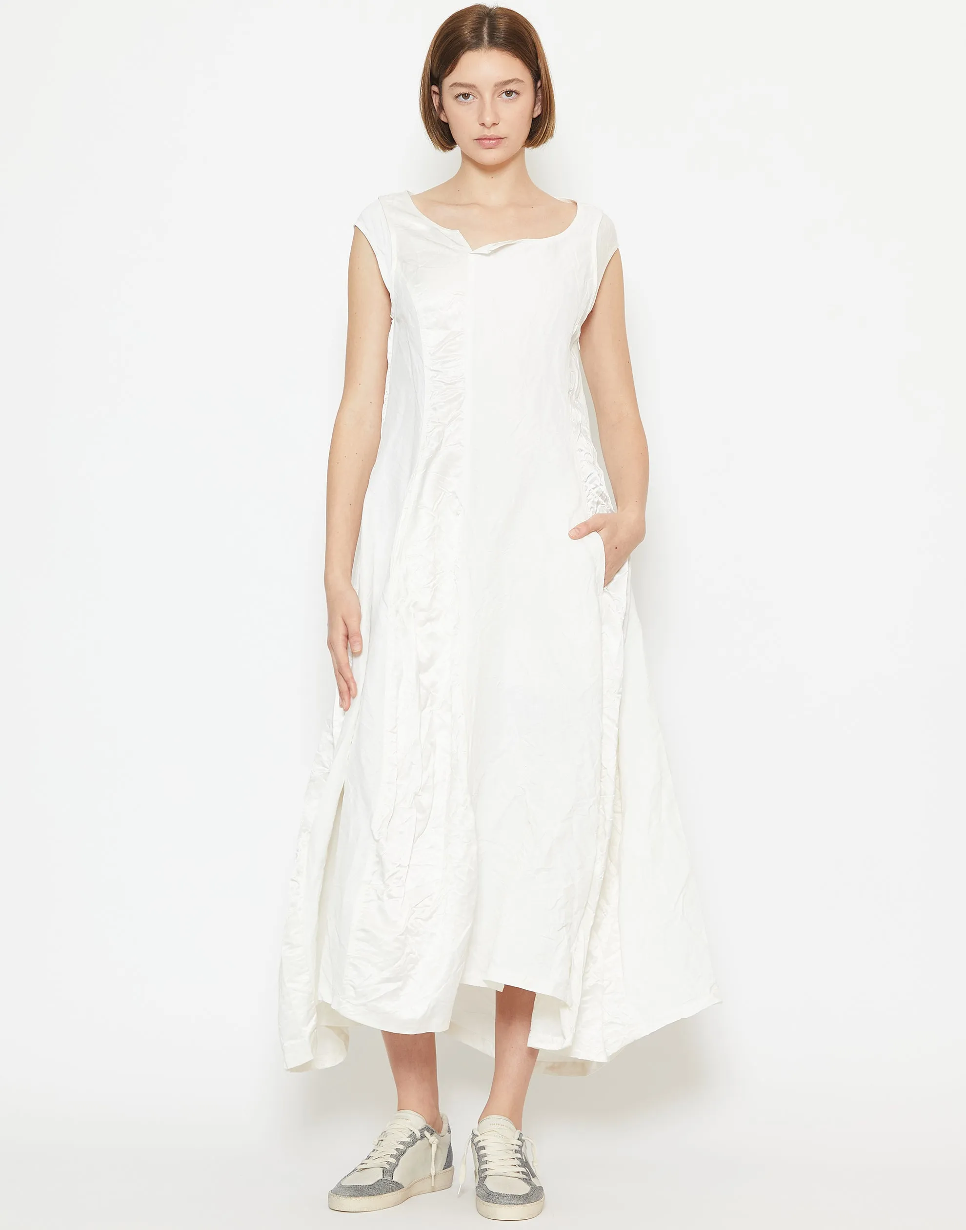 Off White Linen & Cupro Panelled Dress