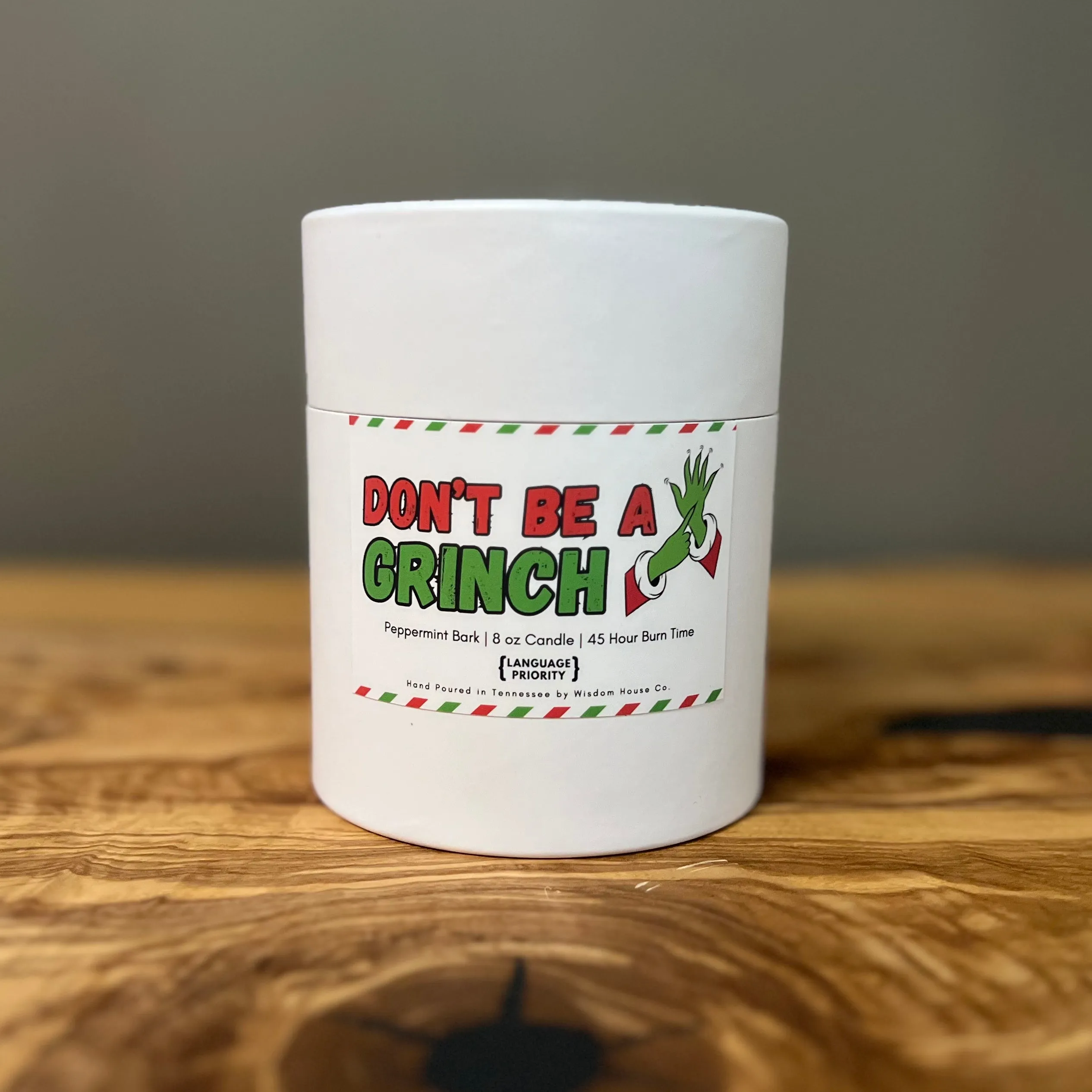 "Don't be a Grinch" Peppermint Bark Candle