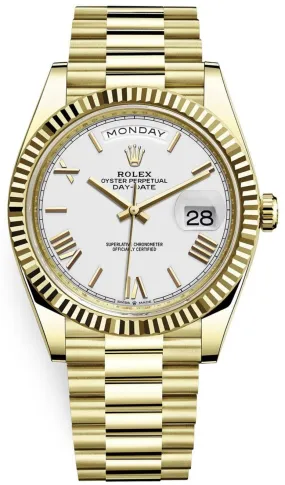 Rolex Day-Date 40 Yellow Gold White Roman Dial Fluted Bezel (Ref# 228238)