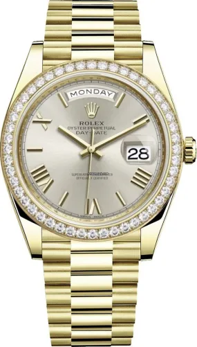 Rolex Yellow Gold Day-Date 40 Watch - Bezel - Silver Bevelled Roman Dial - President Bracelet (Ref # 228348RBR)