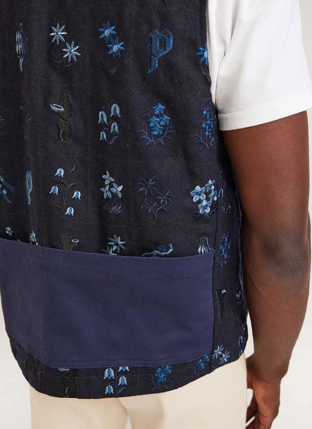 Saga Tapestry Gilet | Embroidered Wool | Navy