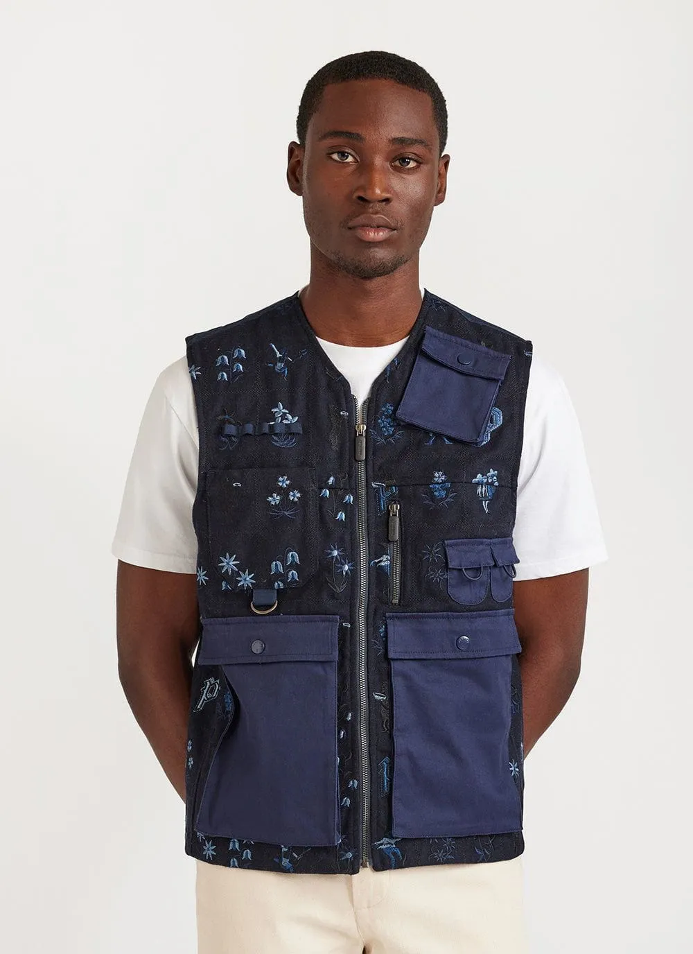 Saga Tapestry Gilet | Embroidered Wool | Navy