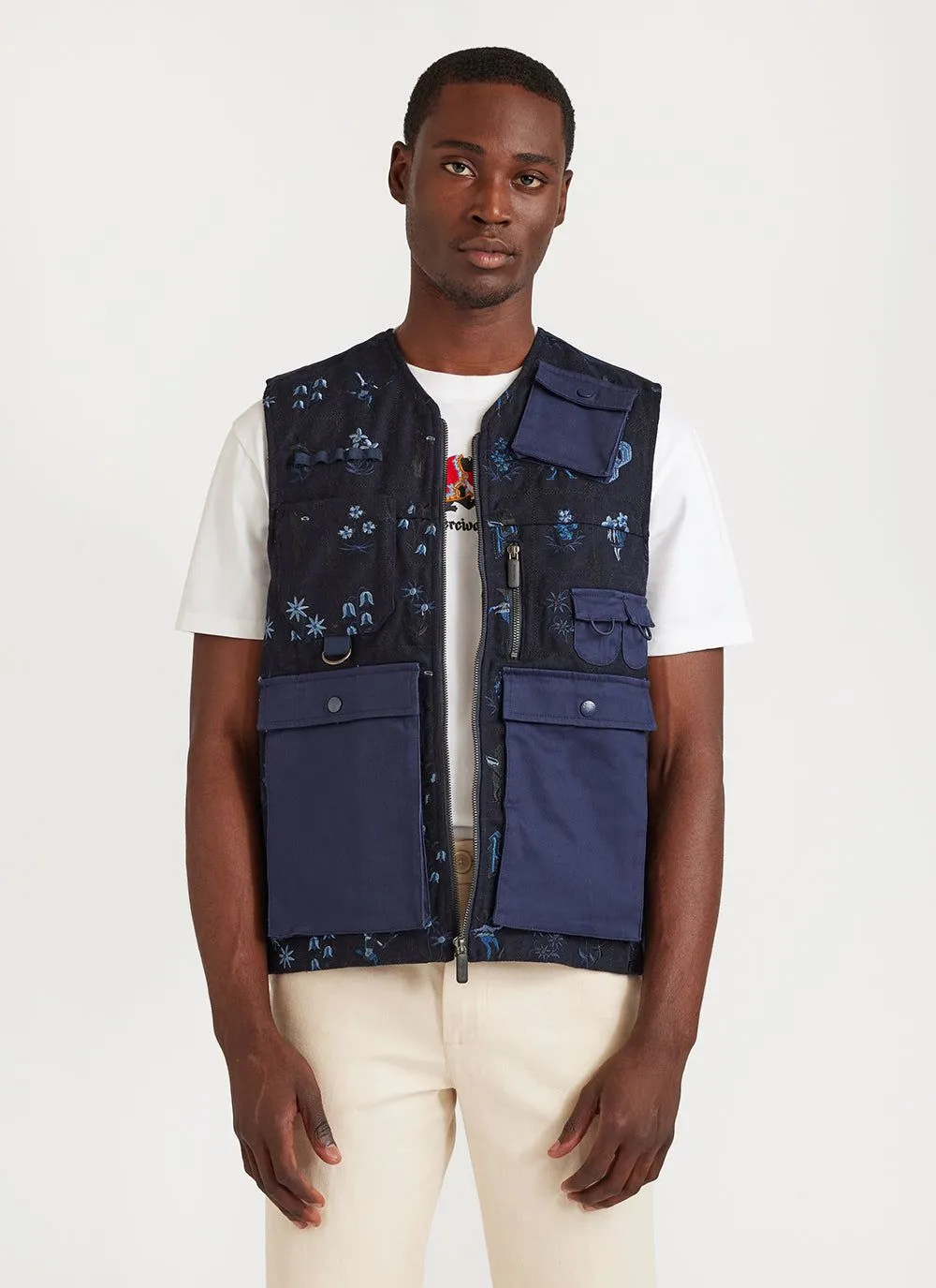 Saga Tapestry Gilet | Embroidered Wool | Navy