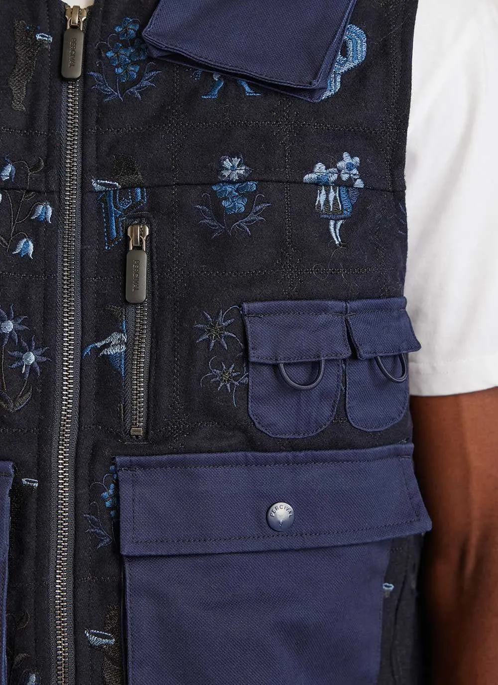 Saga Tapestry Gilet | Embroidered Wool | Navy