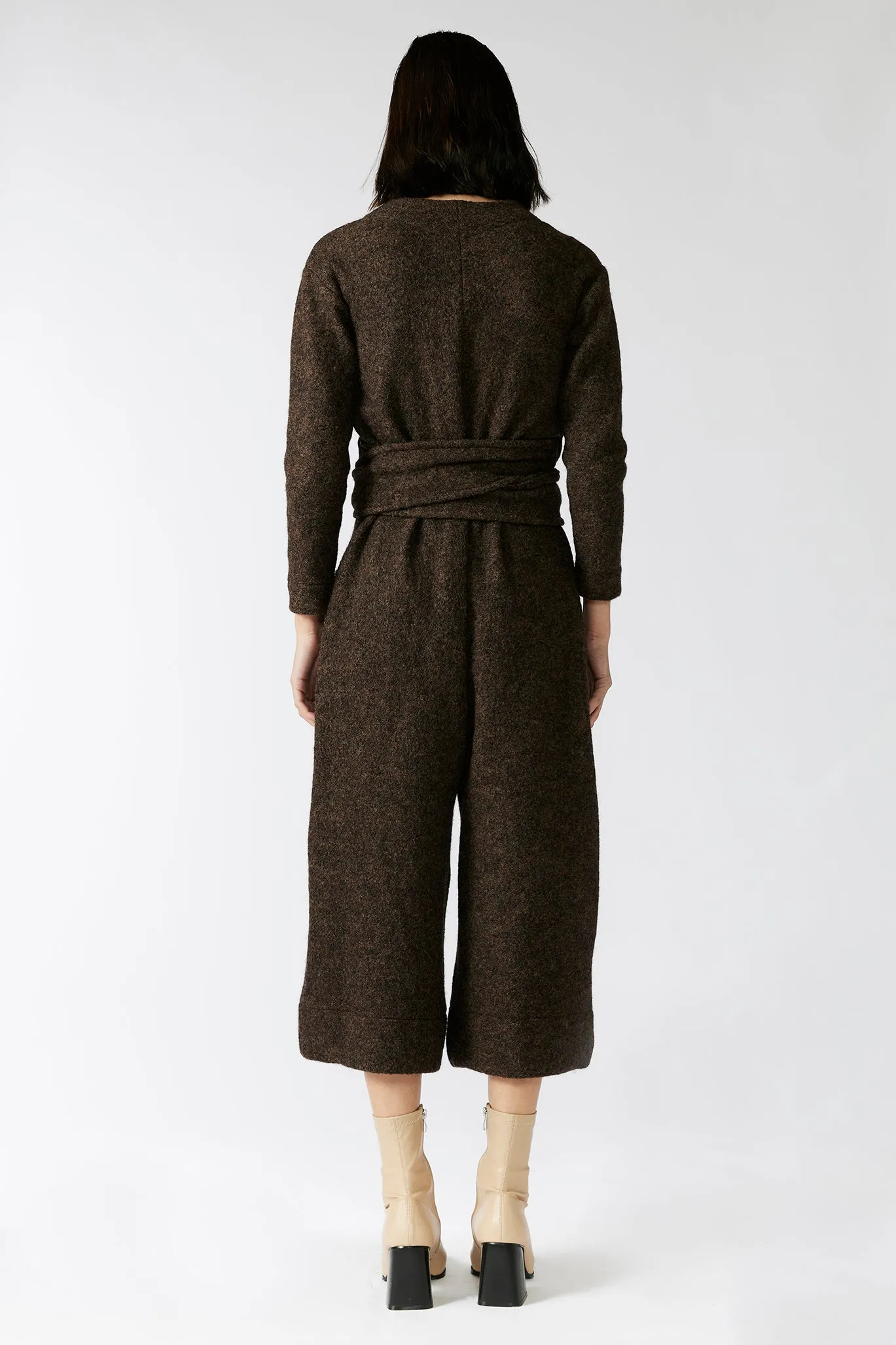 UMBER WRAP JUMPSUIT [ Brown 100% Wool, Long Sleeved ]