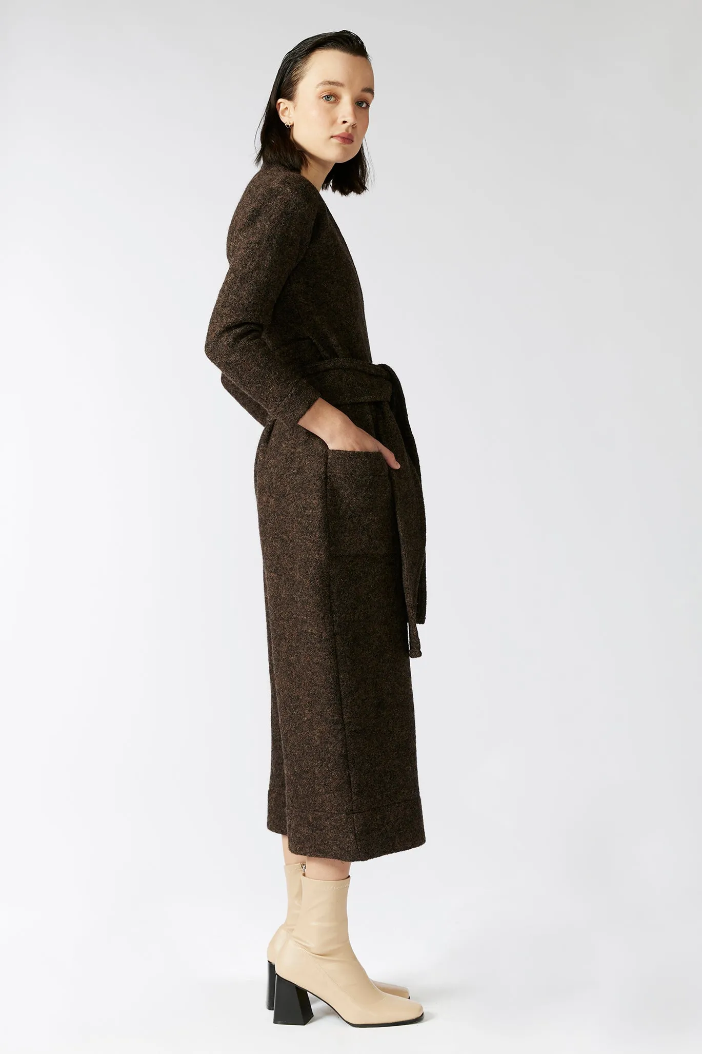 UMBER WRAP JUMPSUIT [ Brown 100% Wool, Long Sleeved ]