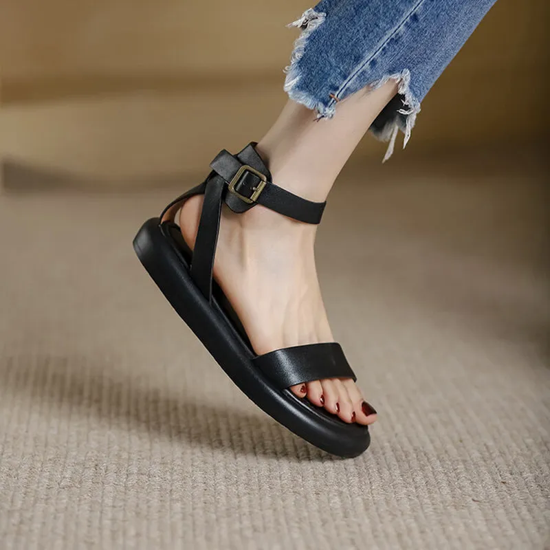 Women Sandals Gladiator Soft Genuine Cow Leather Buckle Strap Top Brand Ladies Summer Beach Flats Handmade