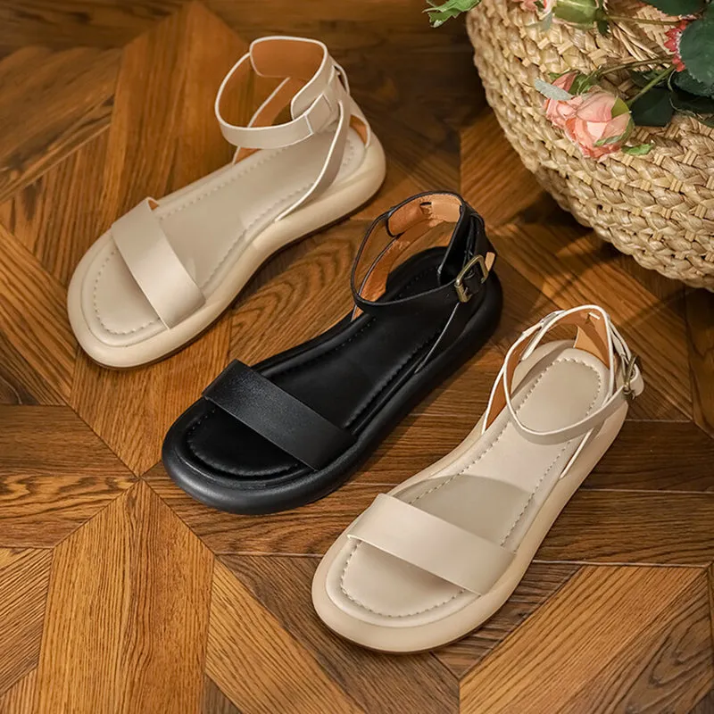 Women Sandals Gladiator Soft Genuine Cow Leather Buckle Strap Top Brand Ladies Summer Beach Flats Handmade